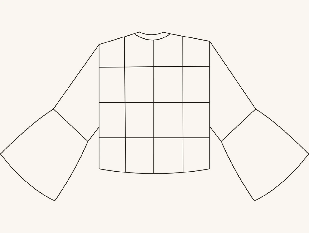 Desenho técnico do kimono em ganga visto de costas, com o patchwork em grelha e mangas em sino