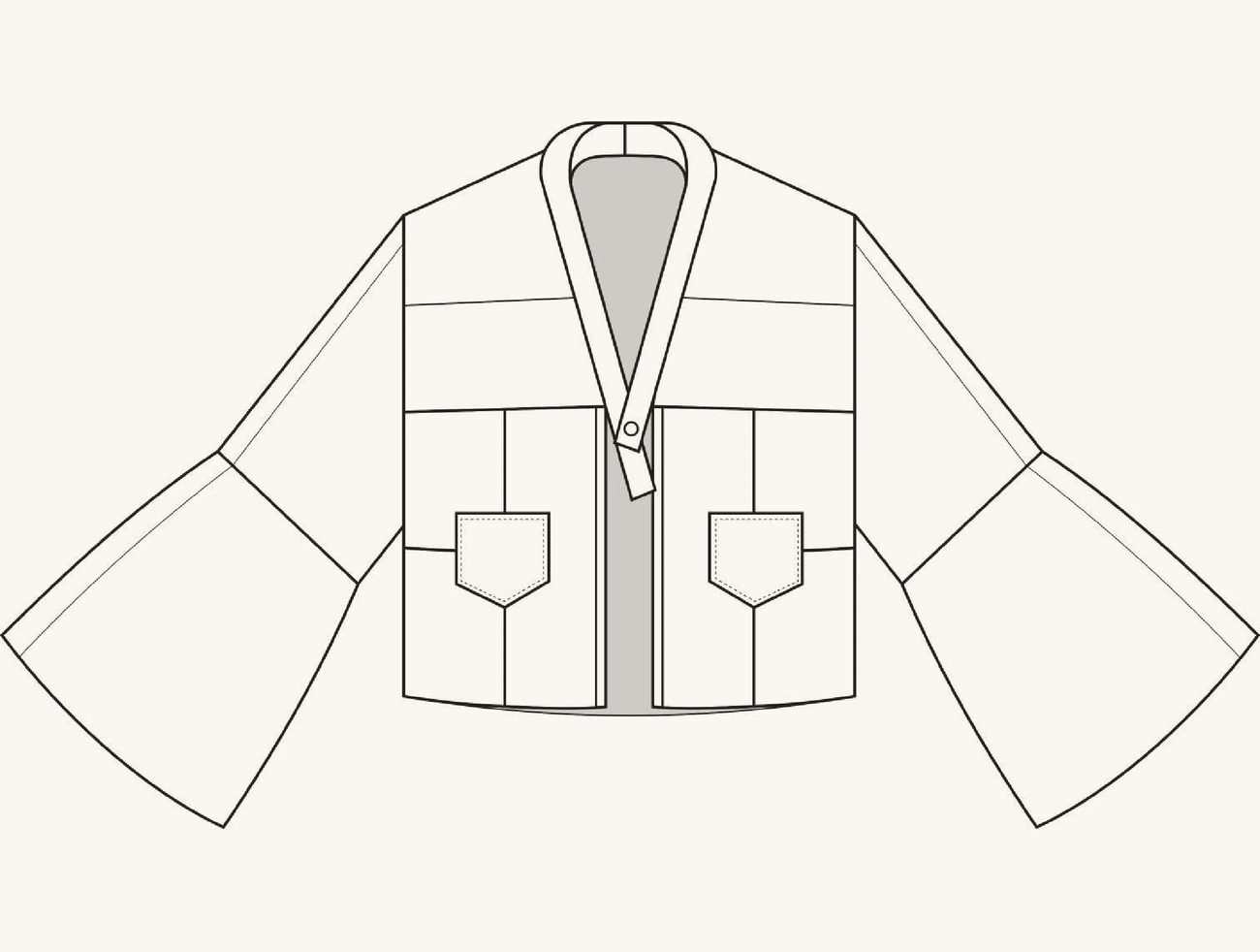 Desenho técnico do kimono em ganga visto de frente, com decote em V, fecho, bolsos aplicados e mangas em sino