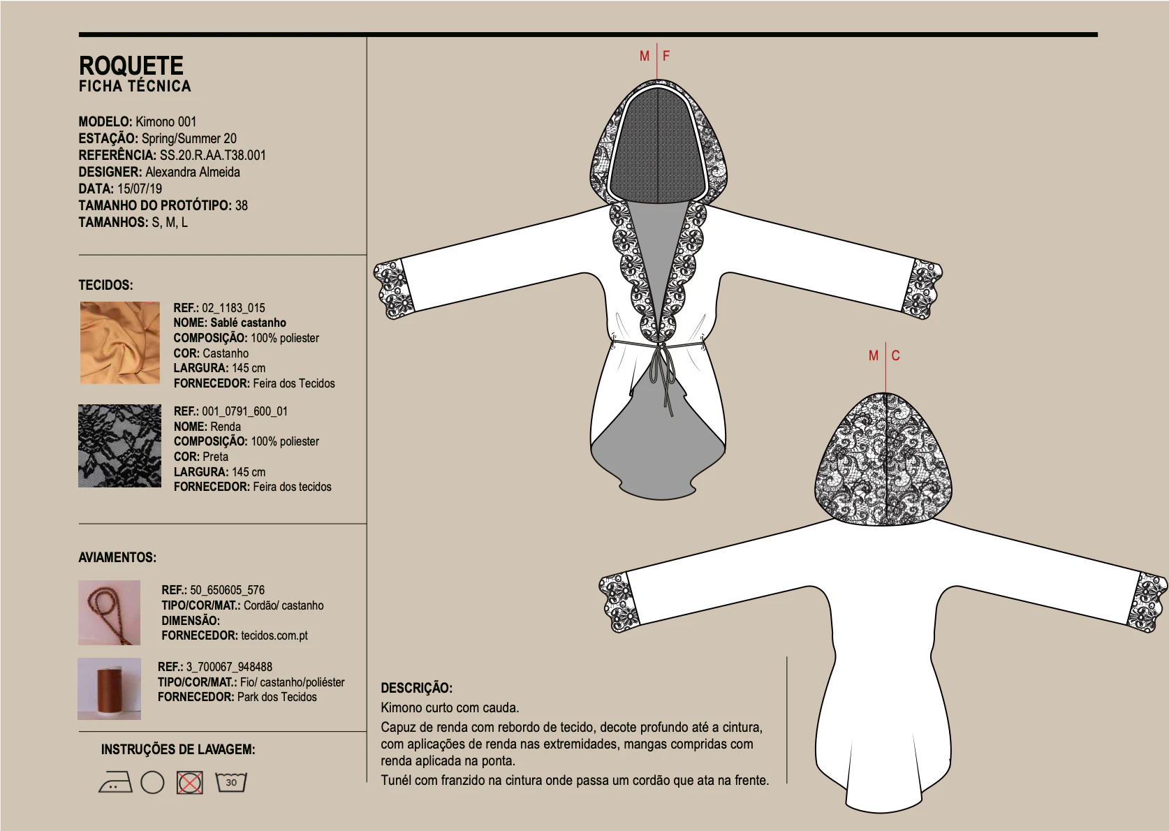 Desenho técnico do Kimono 001 da coleção Roquete