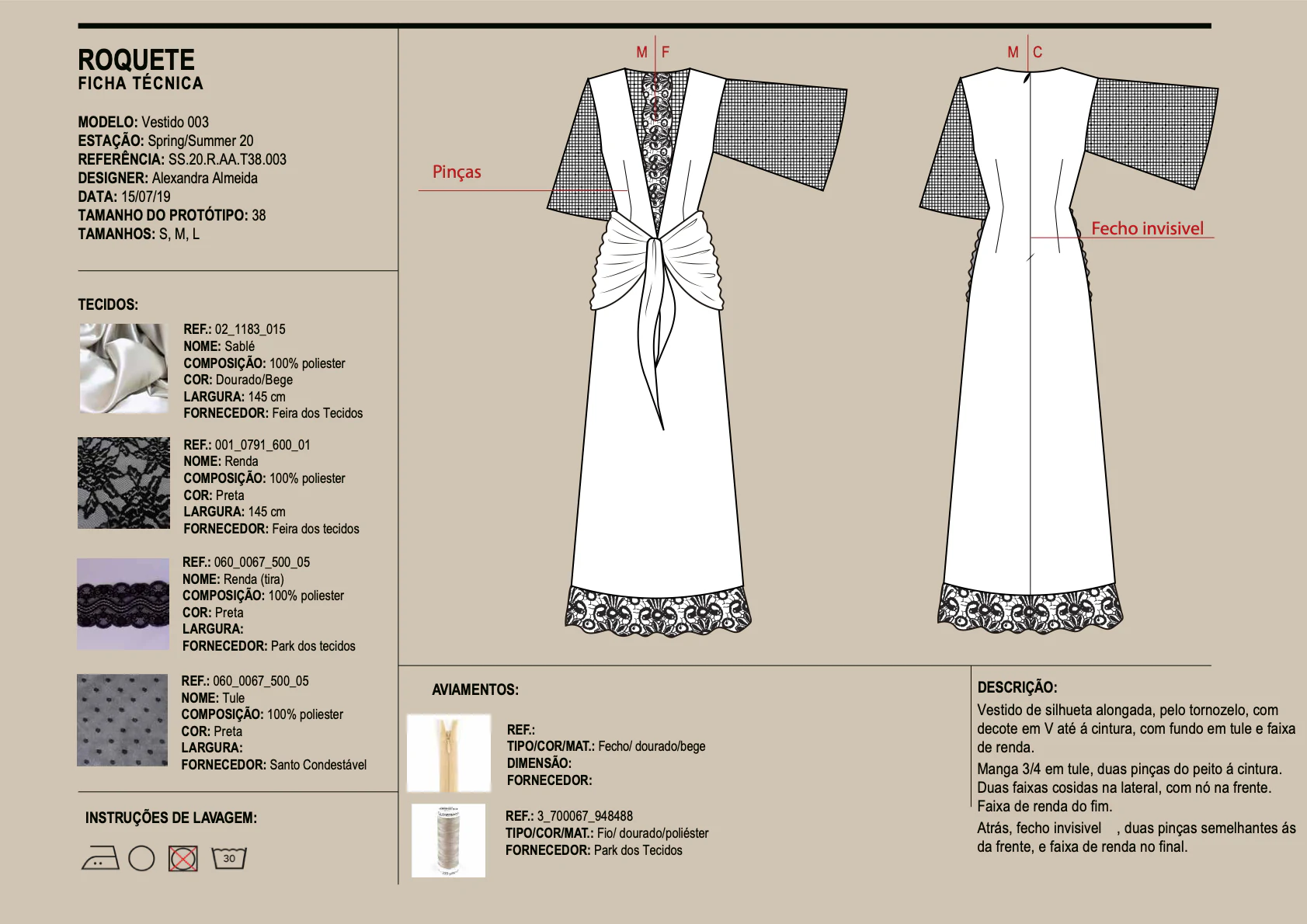 Desenho técnico do Vestido 003 da coleção Roquete