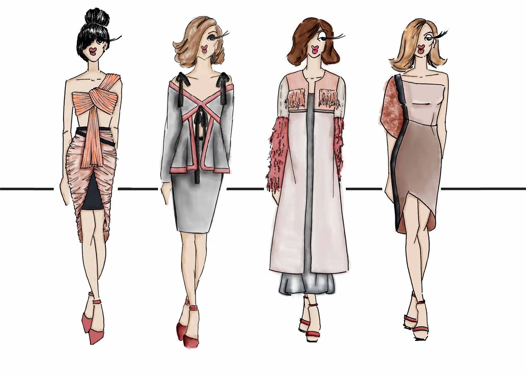 Line-up ilustrado da coleção ready-to-wear Mustard Crush, com quatro looks